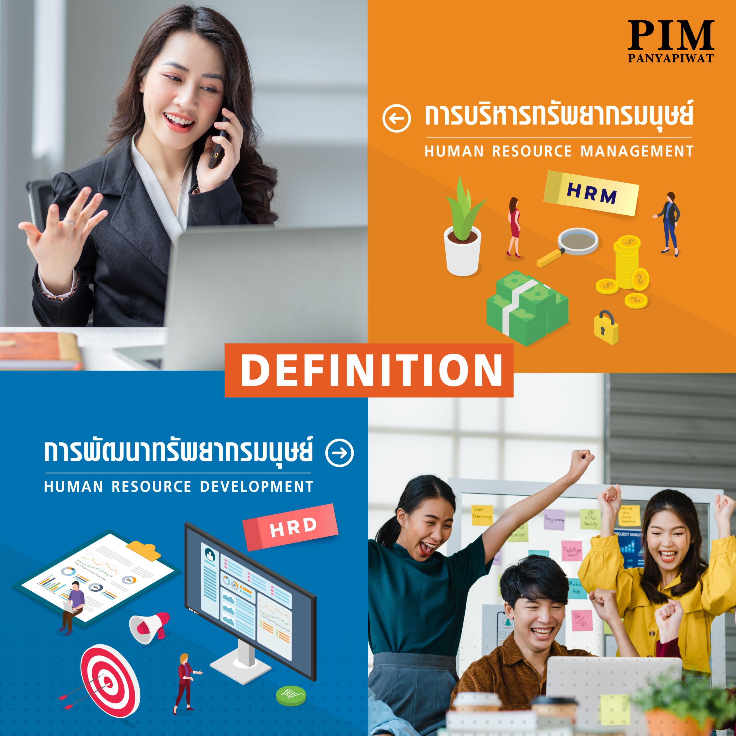 Definition HRM - เป็นหน่วยงานสนับสนุนงานด้านบุคลากรภายในองค์กรให้สามารถปฏิบัติหน้าที่ได้อย่างเหมาะสมกับตำแหน่งหน้าที่และเป้าหมายขององค์กรตั้งแต่การสรรหา จัดเตรียม ประเมินและพัฒนาเพื่อให้เกิดประโยชน์สูงสุดต่อองค์กร HRD - เป็นหน่วยงานย่อยของ HRM ในการทำหน้าที่ศึกษา คัดหาวิธีและใช้เครื่องมือต่างๆ ในการพัฒนาให้พนักงานและนำไปใช้ปฏิบัติกับการทำงานและการดำเนินชีวิต ซึ่งจะนำไปสู่การเป็นบุคลากรที่มีประสิทธิภาพขององค์กร